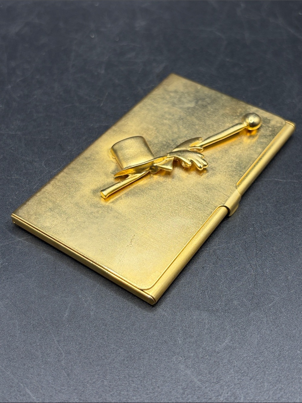 Vintage Gold Tone Metal Top Hat & Glove Rectangular Business Card Holder Case